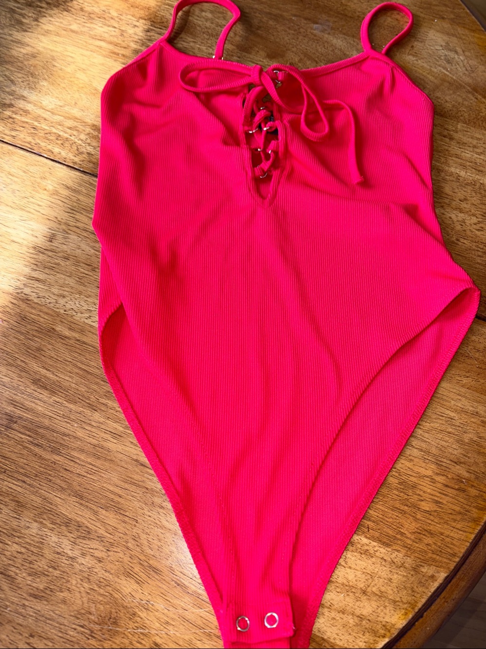 Forever 21 Red Ribbed thong Bodysuit with criss cross front tie M